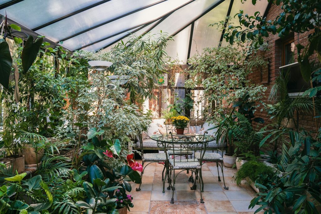 Interior of winter garden with yellow chrysanthemums on the table.