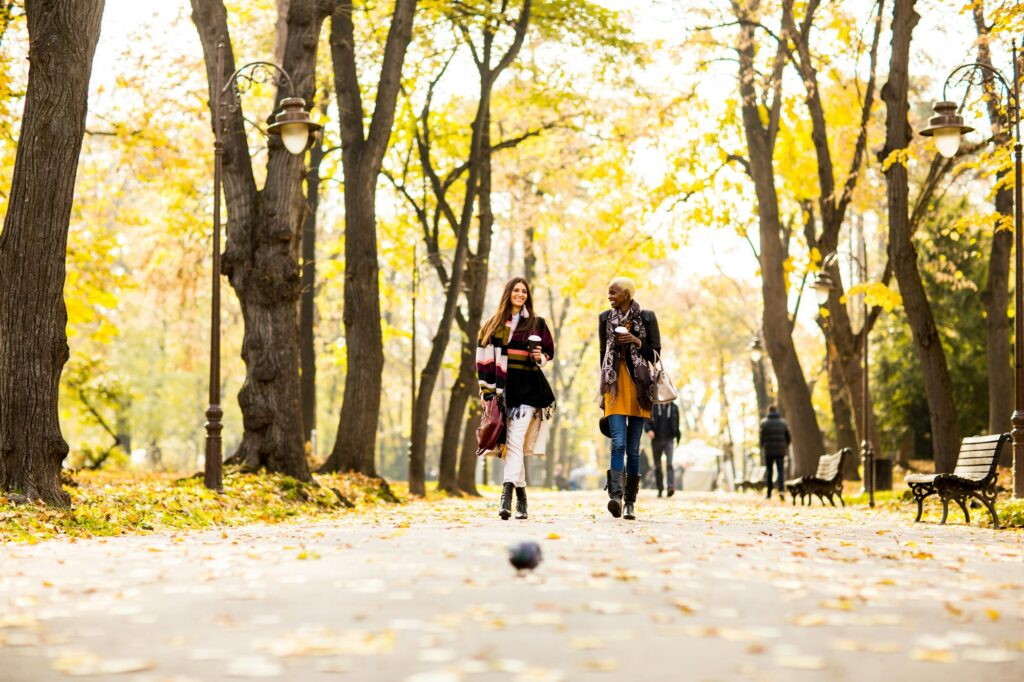 Two friends chatting and walking through a park on an Autumn morning....